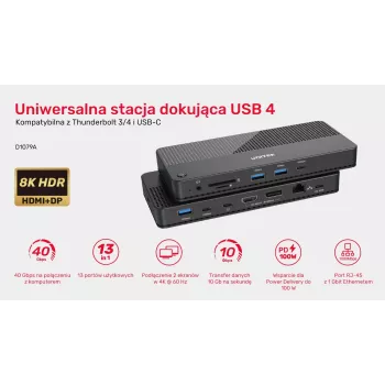 Dokstacija UNITEK D1079A USB4 vadu melna 100W barošanas padeve