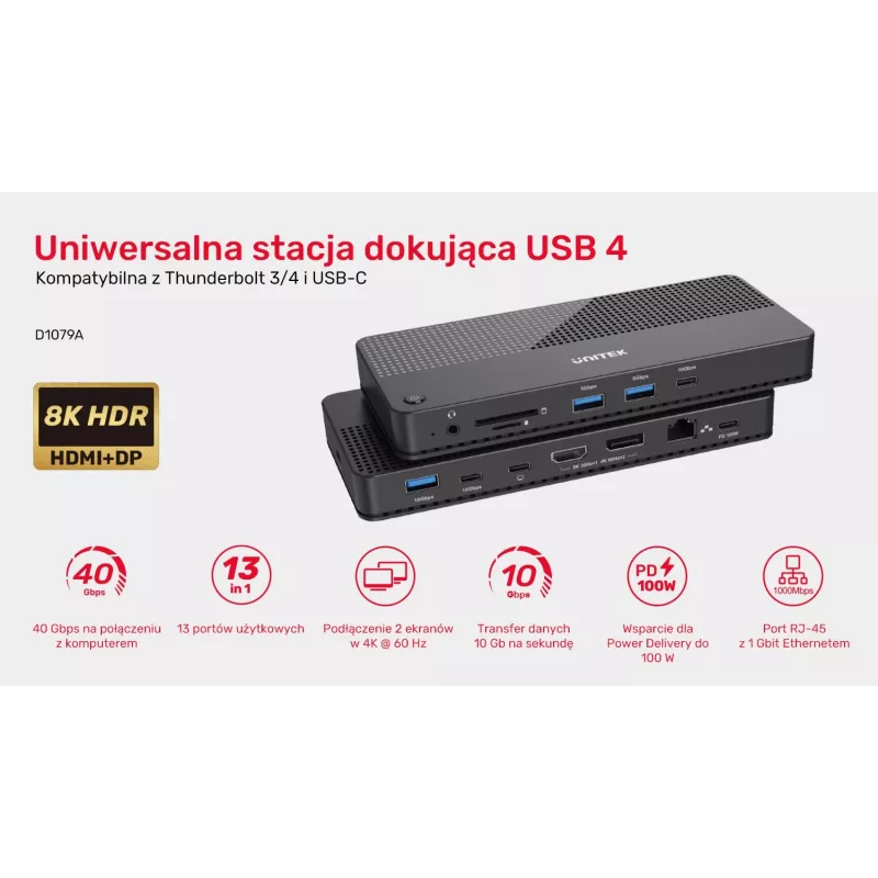 Dokstacija UNITEK D1079A USB4 vadu melna 100W barošanas padeve