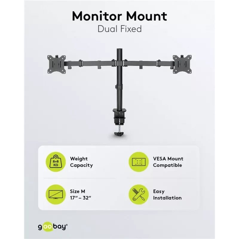 Goobay Monitora rokas dubultā Flex - 17-32 collu ekrāns - galda stiprinājums VESA 75 un 100 mm - pagriežams, grozāms un noliecams - augstumā regulējams kronšteins - maksimālā slodze