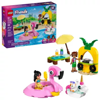 Konstrukciju rotaļlieta LEGO Friends komplekts 42658 Baseina ballīte ar vienradzi un flamingo, tēli un aksesuāri