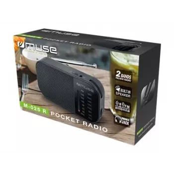 Pārnēsājams radio Muse M-025 R — MW/FM, melns, ar bateriju darbināms, kompakts (32×130×70 mm)