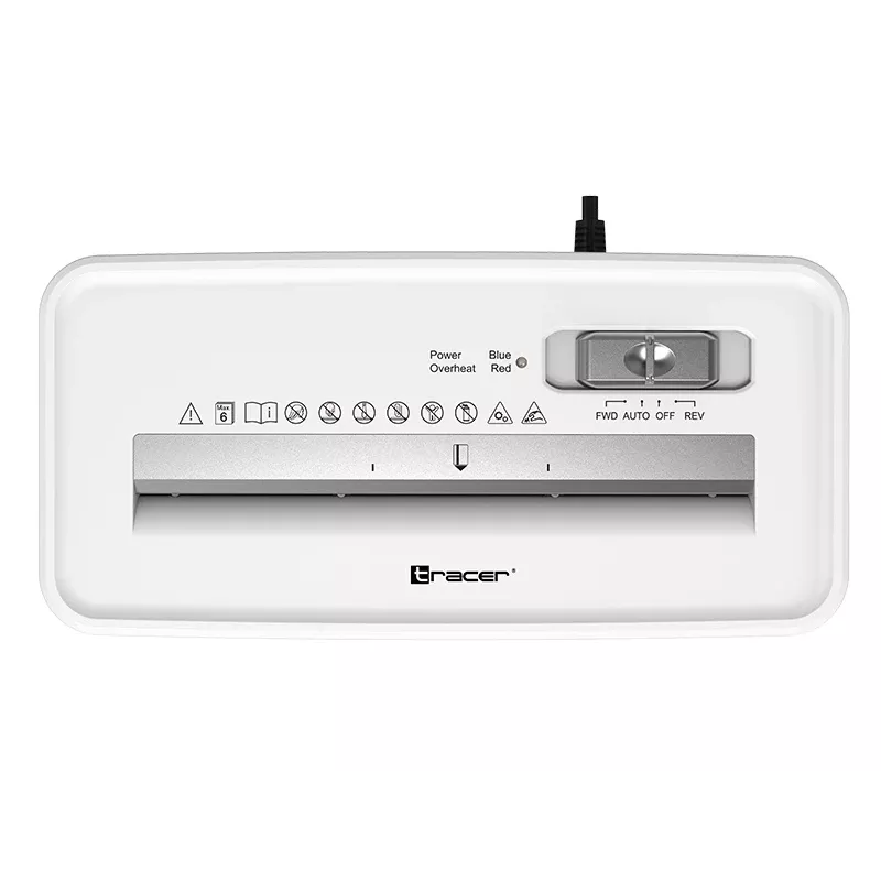 Papīra smalcinātājs TRACER Tracer 47584 — šķērsgriezums 6 mm, līdz 5–6 lapām, 10 L tvertne, balts