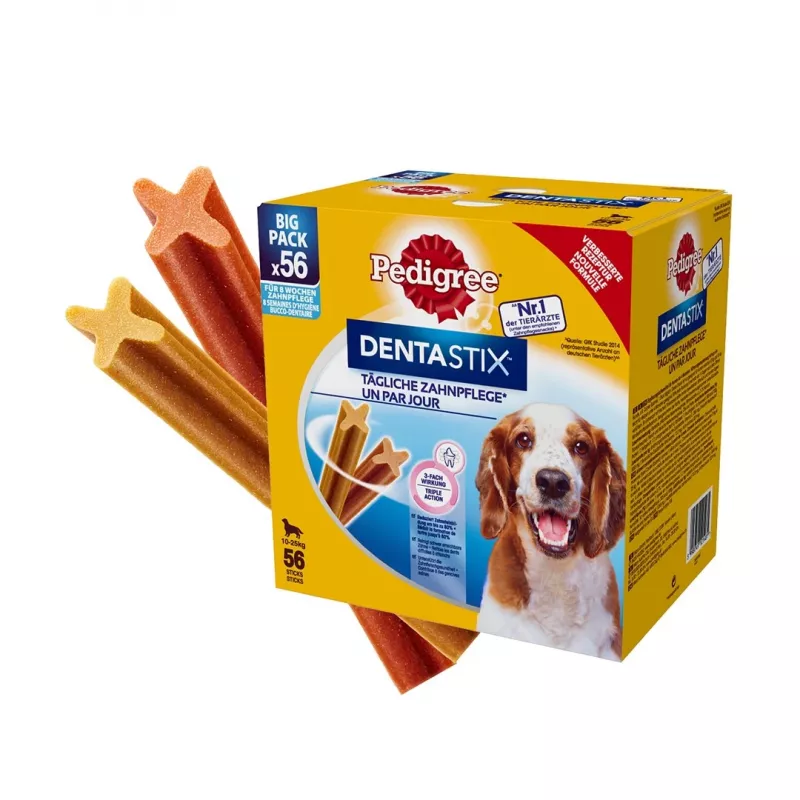 Suņu zobu kārumi Pedigree DentaStix 1,44 kg pieaugušiem vidēja izmēra suņiem — liellopu gaļa un vista, zobu kopšana, E vitamīns