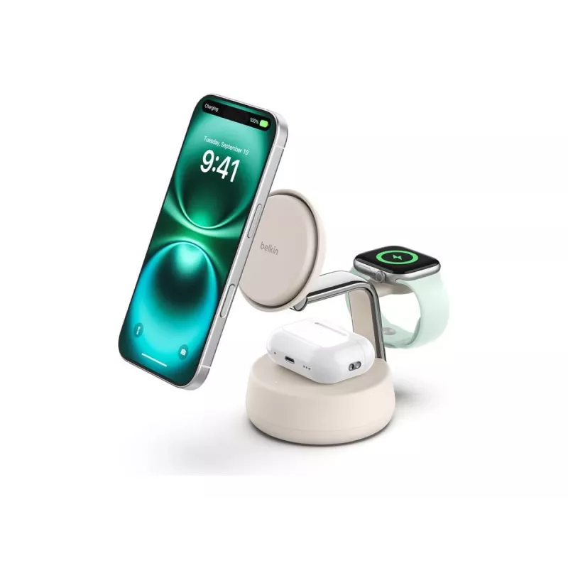 Bezvadu USB lādētājs Belkin Qi2 WIZ040KQSD — 25W, USB barošana, 1,5 m kabelis, balts, viedtālrunim viedpulkstenim austiņām fitnesa izsekotājam
