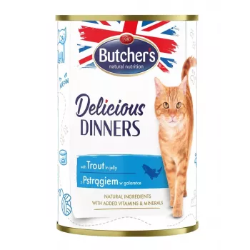 Mitrā kaķu barība Butcher's Pet Care Delicious Dinners 400 g — foreles garša, pieaugušiem kaķiem, bez konservantiem, bez lipekļa