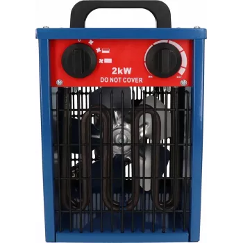 Ventilatora elektriskais telpu sildītājs BLAUPUNKT EH7010 — 2000 W, nerūsējošā tērauda elements, IPX4, grīdas lietošana, līdz 22 m², melns/zils/sarkans