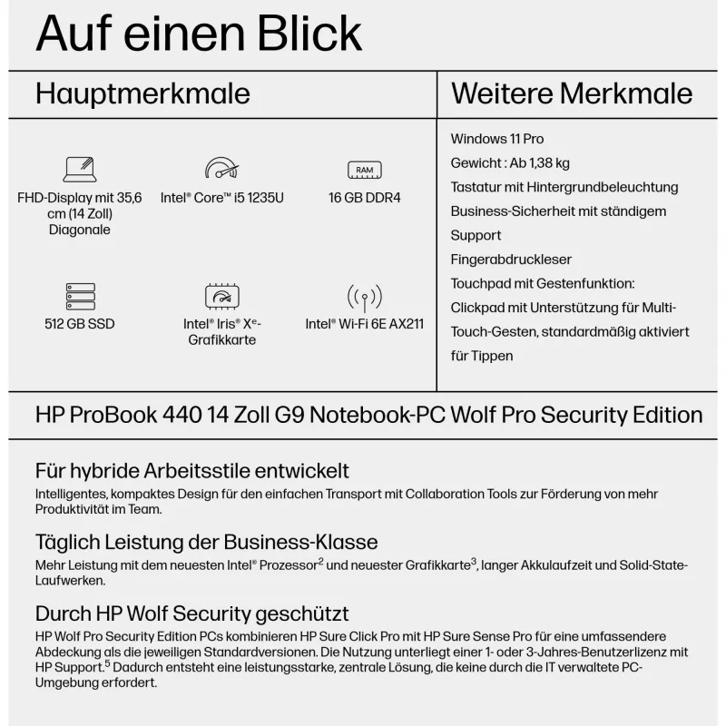 HP ProBook 440 G9 14 collu portatīvais dators, Intel Core i5-1235U, 16 GB, 512 GB SSD, Windows 11 Pro