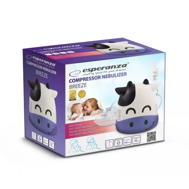 Kompresora nebulizators Esperanza ECN001 kompresora inhalators, 220 V, daļiņu izmērs 0,5–10 μm, aerosols 10 ml, elpojamā frakcija ≥70%