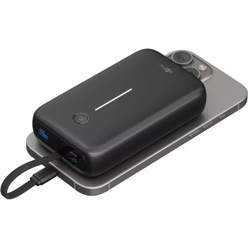 Powerbank 20.000 mAh, integrēts USB-C kabelis 13 cm, 30 W (melns, 20 Ah, 1x USB-A, 2x USB-C, PD, QC)