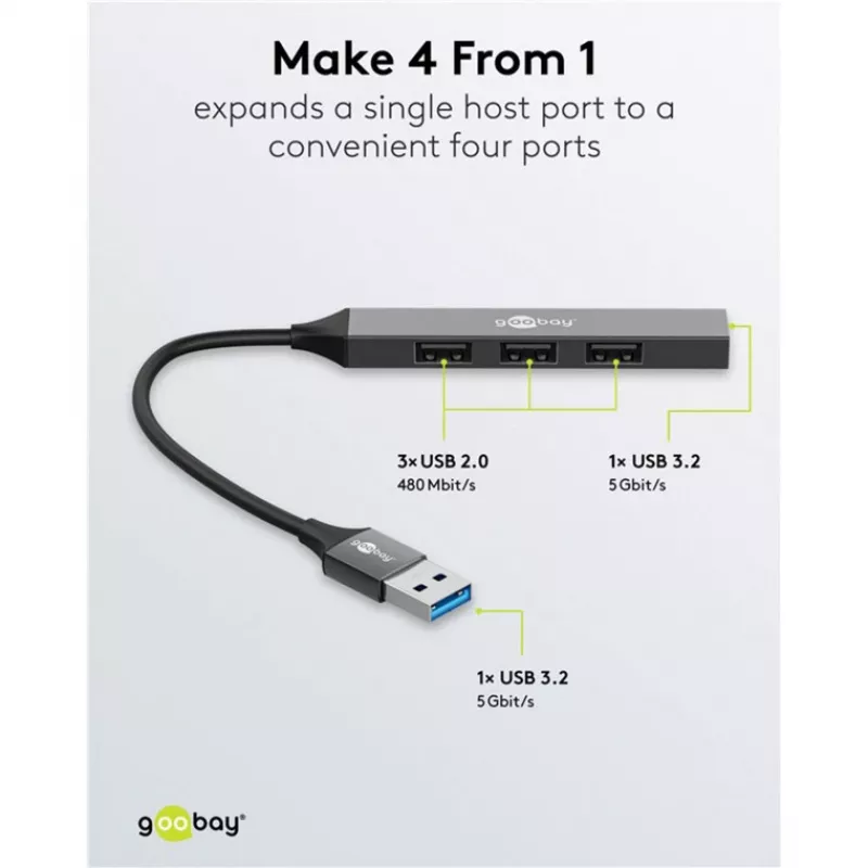Goobay USB centrmezgls 74456 Type-A 5000 Mbit/s Gaiši pelēks