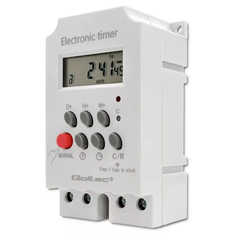 DIN-sliedes elektroniskais taimeris QOLTEC PC0629 — 24V barošana, 16A izeja