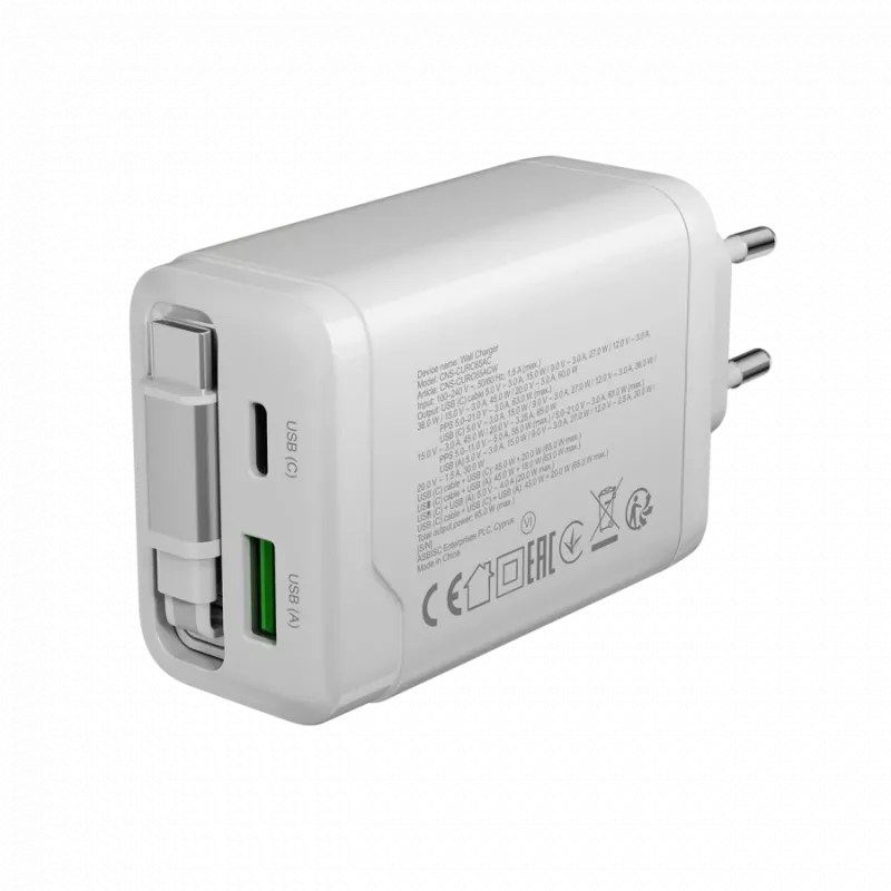 CANYON lādētājs OnCharge 65RC ar iebūvētu USB-C kabeli 65W, 1x PD, 1x QC, ES spraudnis, balts