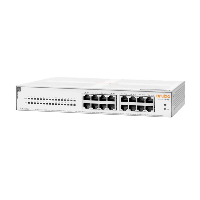 HPE Aruba Networking Aruba Instant On 1430 16G Class4 PoE 124W Nepārvaldāms L2 Gigabitu Ethernet (10/100/1000) Strāva caur Ethernet (PoE) 1U Balts