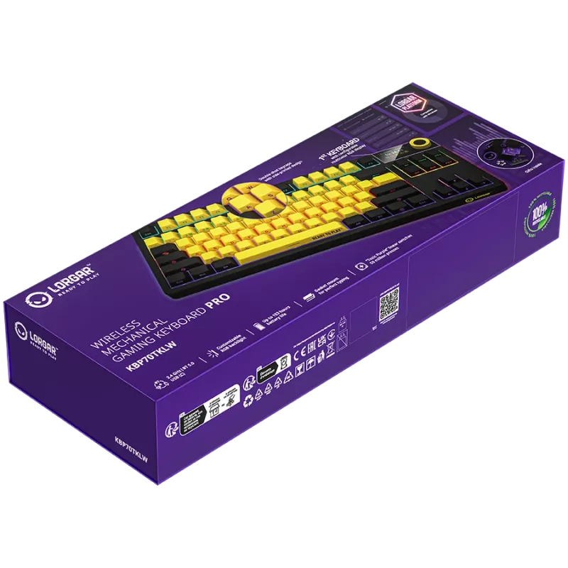LORGAR KBP70TKLW, bezvadu TKL mehāniskā spēļu tastatūra Pro, melna/dzeltena, EN izkārtojums