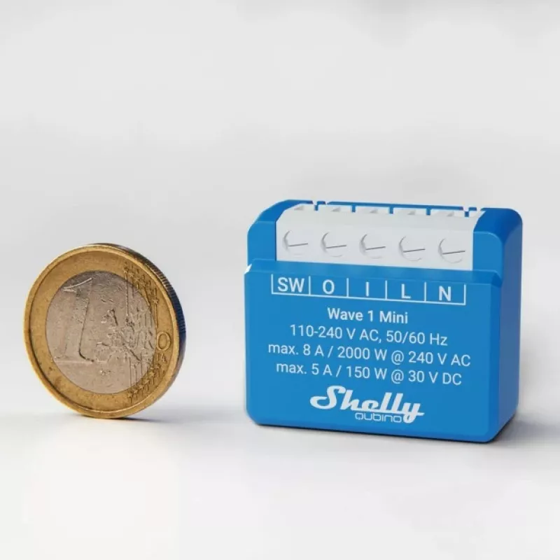 Viedais relejs Shelly Qubino Wave 1 Mini bezvadu 110–240V, 8A AC / 5A DC, 868,4 MHz, iekštelpām, zils