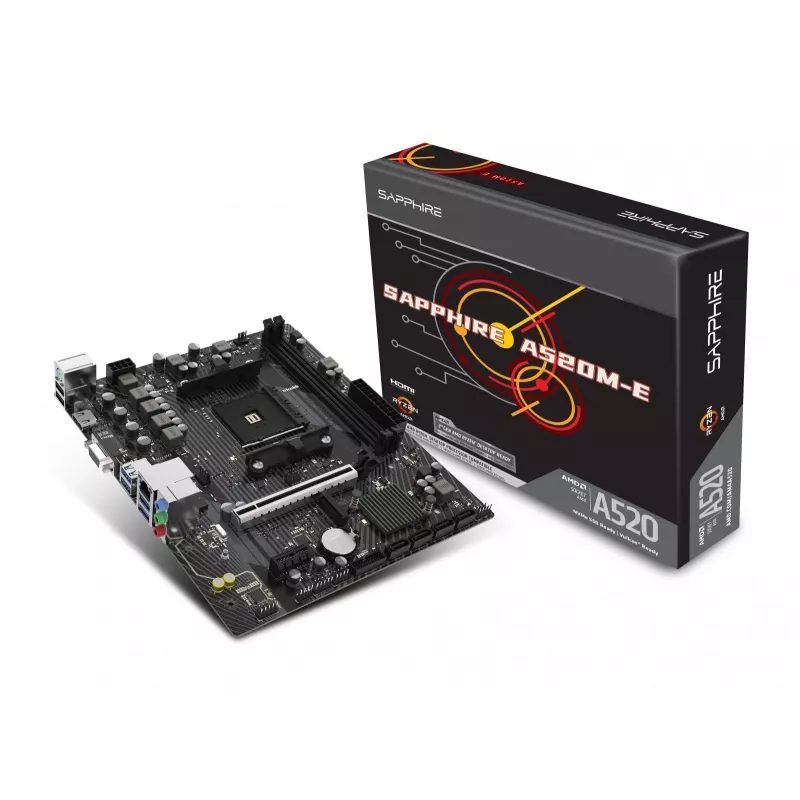 Micro ATX mātesplate Sapphire A520M-E ligzdai Socket AM4, AMD A520 mikroshēmojums, 2x DDR4 DIMM, max 64 GB, PCIe 3.0 x16/x1, SATA III, Gigabit LAN