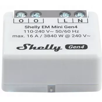Viedais relejs Shelly Relay EM Mini Gen4 1 kanāla Wi‑Fi Matter Zigbee Bluetooth 8A, 110–240V, enerģijas skaitītājs