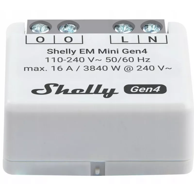 Viedais relejs Shelly Relay EM Mini Gen4 1 kanāla Wi‑Fi Matter Zigbee Bluetooth 8A, 110–240V, enerģijas skaitītājs