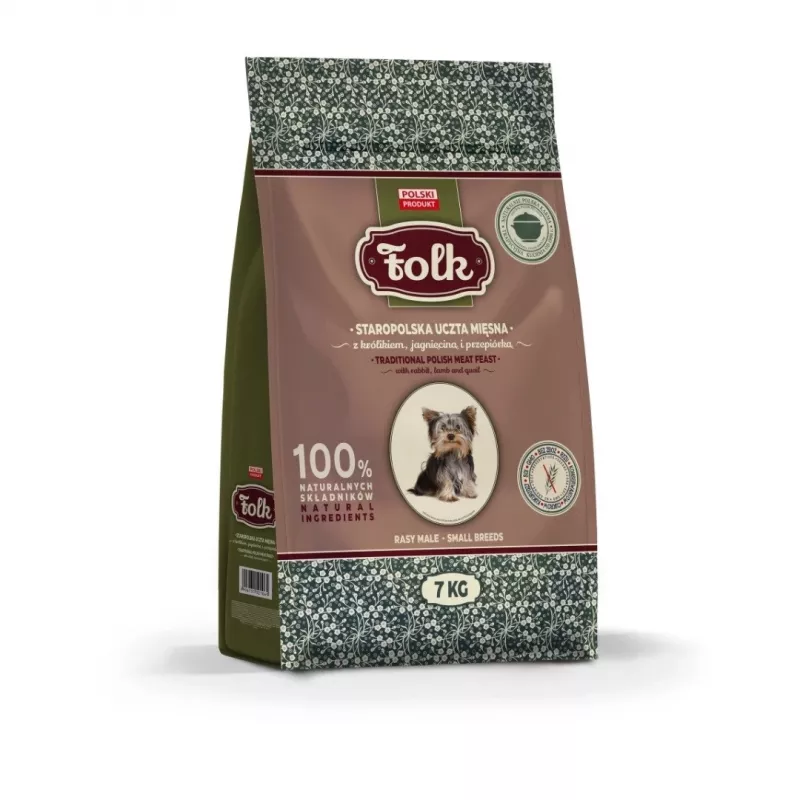 FOLK mazo šķirņu tradicionālais poļu gaļas mielasts ar trusi, jēru un paipalu - sausā suņu barība - 7kg