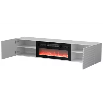 TV skapis Cama Meble TULA ar elektrisko kamīnu, 1830×350×370 mm, balts matēts augšdaļa un rāmis
