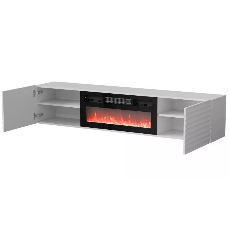 TV skapis Cama Meble TULA ar elektrisko kamīnu, 1830×350×370 mm, balts matēts augšdaļa un rāmis