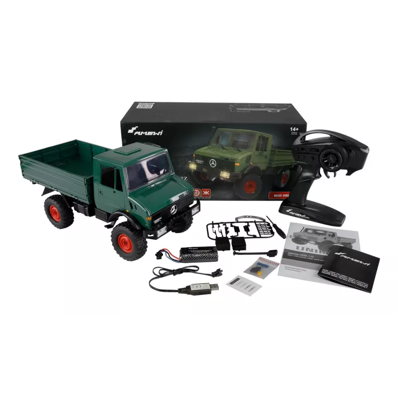 Radio vadāma automašīna Amewi Mercedes‑Benz Unimog 1:12 mērogā ar 4WD, zaļa