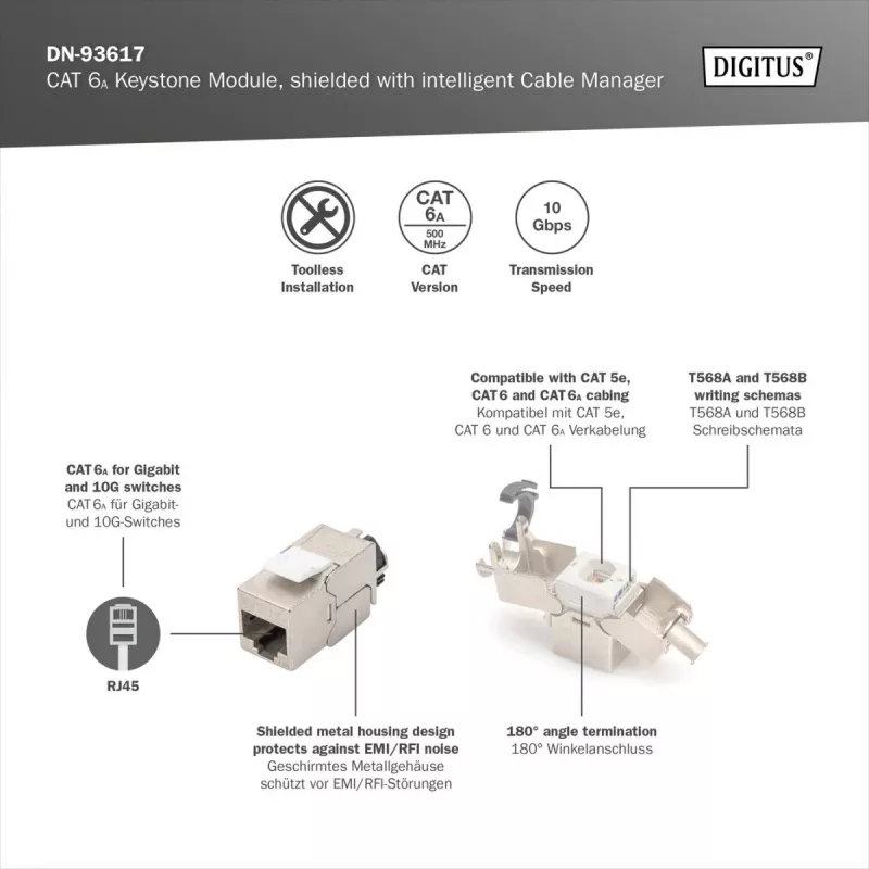 Digitus CAT 6A Keystone modulis, ekranēts ar inteliģentu kabeļu pārvaldību