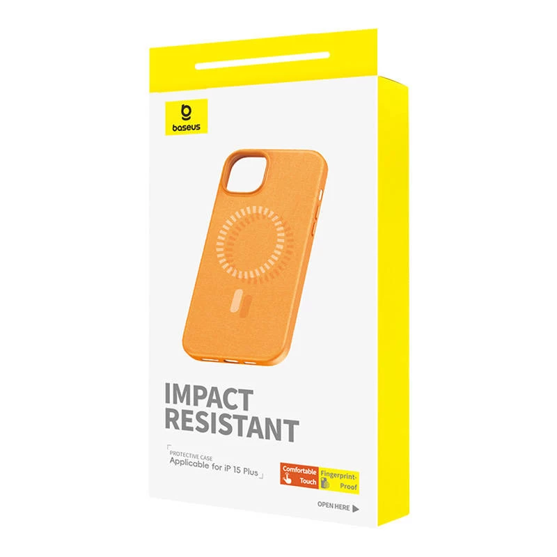 Magnētiskais telefona maciņš iPhone 15 Plus Baseus Fauxther Series (Oranžs)