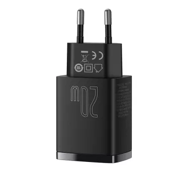 Iekštelpu USB ātrais lādētājs Baseus CCXJ-B01 — 2 porti (USB-C PD 20W + USB-A QC3.0 18W), 100–240 V, melns