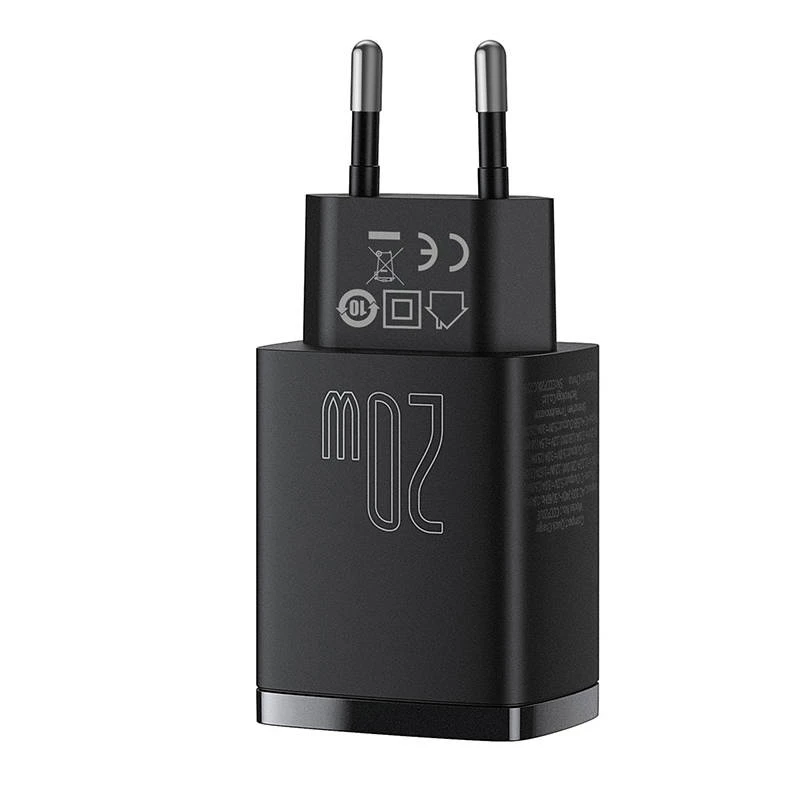 Iekštelpu USB ātrais lādētājs Baseus CCXJ-B01 — 2 porti (USB-C PD 20W + USB-A QC3.0 18W), 100–240 V, melns