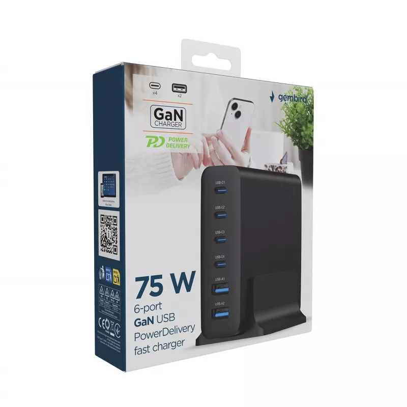 GEMBIRD mobilās ierīces lādētājs TA-UC-2A4C-PD75-01-BK — 75 W, 4× USB-C + 2× USB-A, PD un QC3.0, vienlaicīga 6 ierīču uzlāde, 1,5 m kabelis, melns
