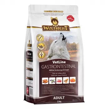 Sausā suņu barība Wolfsblut VetLine Gastrointestinal Duck 2 kg — veterinārā diēta gremošanas atbalstam, 20% olbaltumvielu, 10% tauku