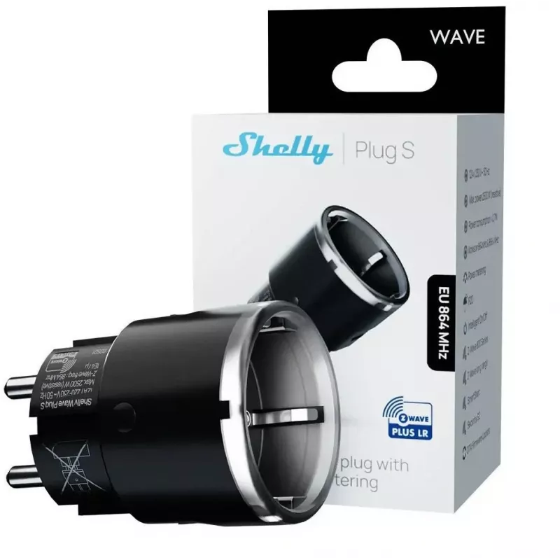 Viedais kontaktdakša Shelly Wave Plug S Z-Wave 800 Melna — Z-Wave 800 viedā kontaktligzda, 230V/12A, 2500W, jaudas uzskaite