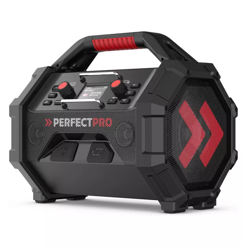 Pārnēsājamais celtniecības radio PerfectPro ROCKTAGON 18V — ar baterijām darbināms darba vietas radio