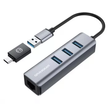 GRAUGEAR USB centrmezgls G-HUB31L-A — USB 3.2 Gen 1 Type-A resursdators, 3x USB 3.2 Gen 1 Type-A pieslēgvietas + RJ-45, 5000 Mbit/s