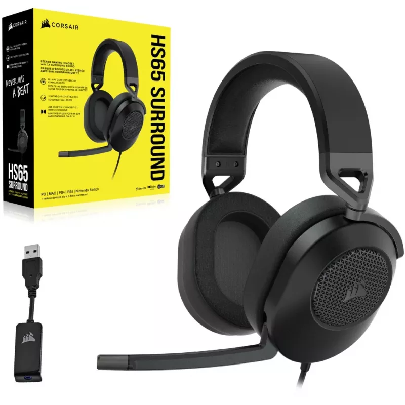 Austiņas CORSAIR HS65 SURROUND vadu spēļu austiņas, supra-aural, 3,5 mm + USB adapteris, 32 Ω, 282 g, oglekļa