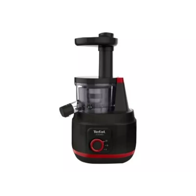 Lēna tipa sulu spiede Tefal Juiceo ZC150 — 150 W, 4,5 cm padeves caurule, 0,8 L sulas un mīkstuma trauki, 80 apgr./min, Melna/Sarkana
