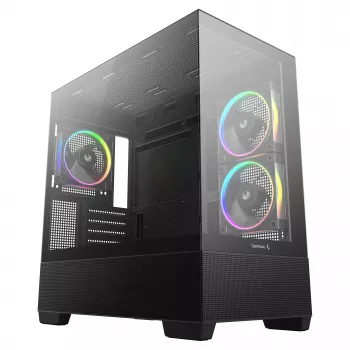 PC Midi Tower DeepCool CG380 3F — Melna, 235×437×451 mm, 2x120 mm sānu + 1x120 mm aizmugurējie ventilatori, apakšējais barošanas bloks, 2,5 collu/3,5 collu HDD