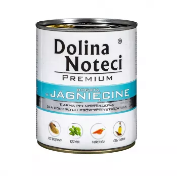 Mitrā suņu barība Dolina Noteci Premium ar jēra gaļu 800 g kanna — bez graudiem, pieaugušiem suņiem, olbaltumvielas 12 %, mitrums 77 %
