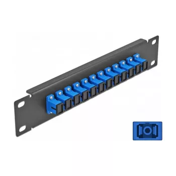 Optiskā šķiedras paneļa plāksne DeLOCK 10 collu 12 portu SC Simplex zila 1U melna