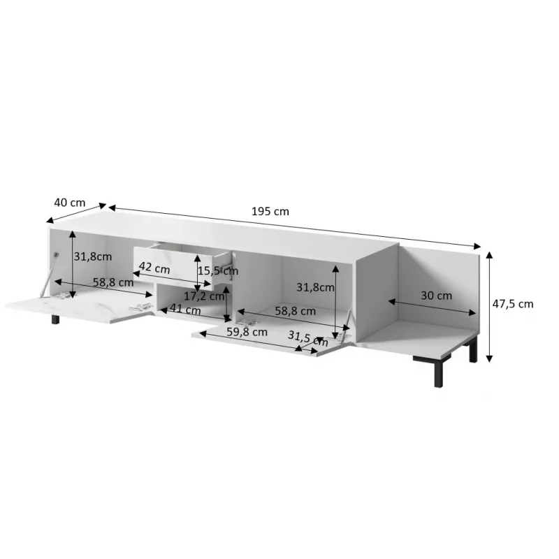 TV skapītis Cama Meble MARMO 2D1S1K, 195x40x47,5 cm, balts matēts/virsma marmora balta