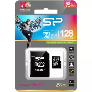 MicroSDXC zibatmiņas karte Silicon Power 128 GB UHS‑I (Class 10, U1), 85 MB/s, melna, ar SD adapteri