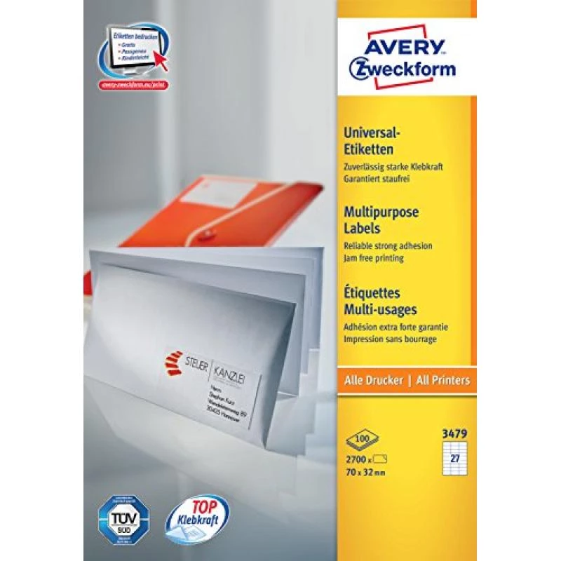 Avery-Zweckform 3479 etiķetes, balts papīrs, 70x32 mm, pastāvīga līme