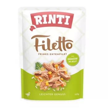 Slapjā suņu barība RINTI Filetto Pīles fileja ar dārzeņiem 100 g paciņa, pilnvērtīga barība, 15% olbaltumvielu, 1% tauku, 81% mitruma