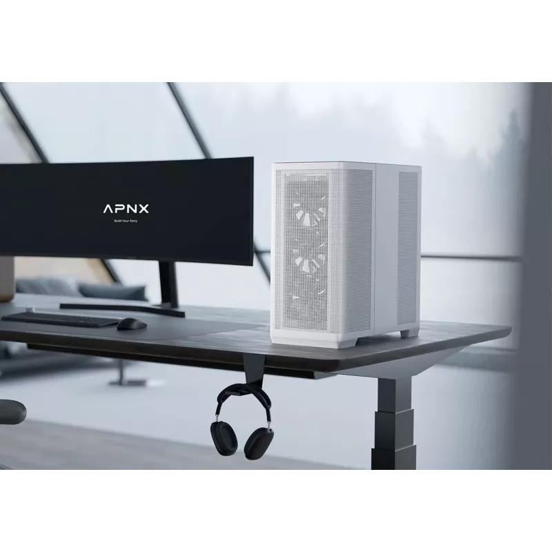 APNX PC Midi Tower C1-R-WT-v1 — balta, atbalsta ATX/Micro-ATX/Mini-ITX, 3x120 mm priekšējie ventilatori uzstādīti, 3x3,5 collu + 3x2,5 collu nodalījumi, USB 3.2 Gen1 x2