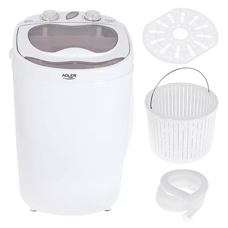 Veļas mašīna ar augšējo ielādi Adler AD 8055, pārnēsājama ar 3 kg ietilpību, krēmkrāsā, rotējoša vadība, 150 W