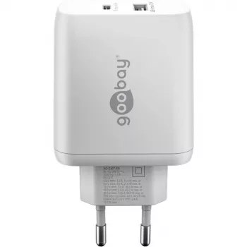 USB-C Dual-Fast lādētājs, PD, GaN, 65 vati (balts, 1x USB-C, 1x USB-A, Power Delivery)