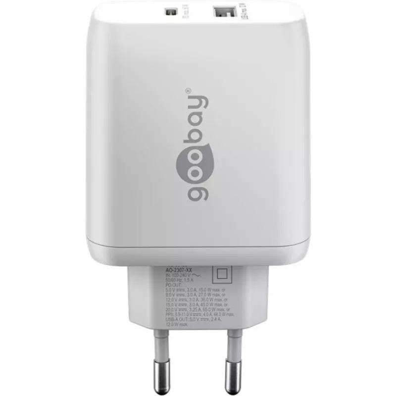 USB-C Dual-Fast lādētājs, PD, GaN, 65 vati (balts, 1x USB-C, 1x USB-A, Power Delivery)