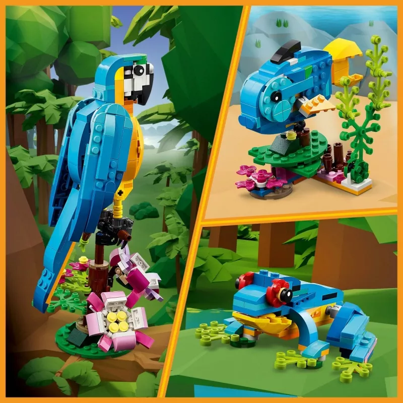 LEGO komplekts Exotic Parrot 31136 — Creator vitrīnas modelis, 253 detaļas, 220×120×110 mm