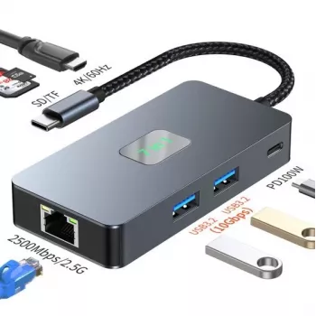 TB adaptera centrs USB-C (7-in-1) HDMI USB SD/tf RJ45 (2500 Mbps) PD